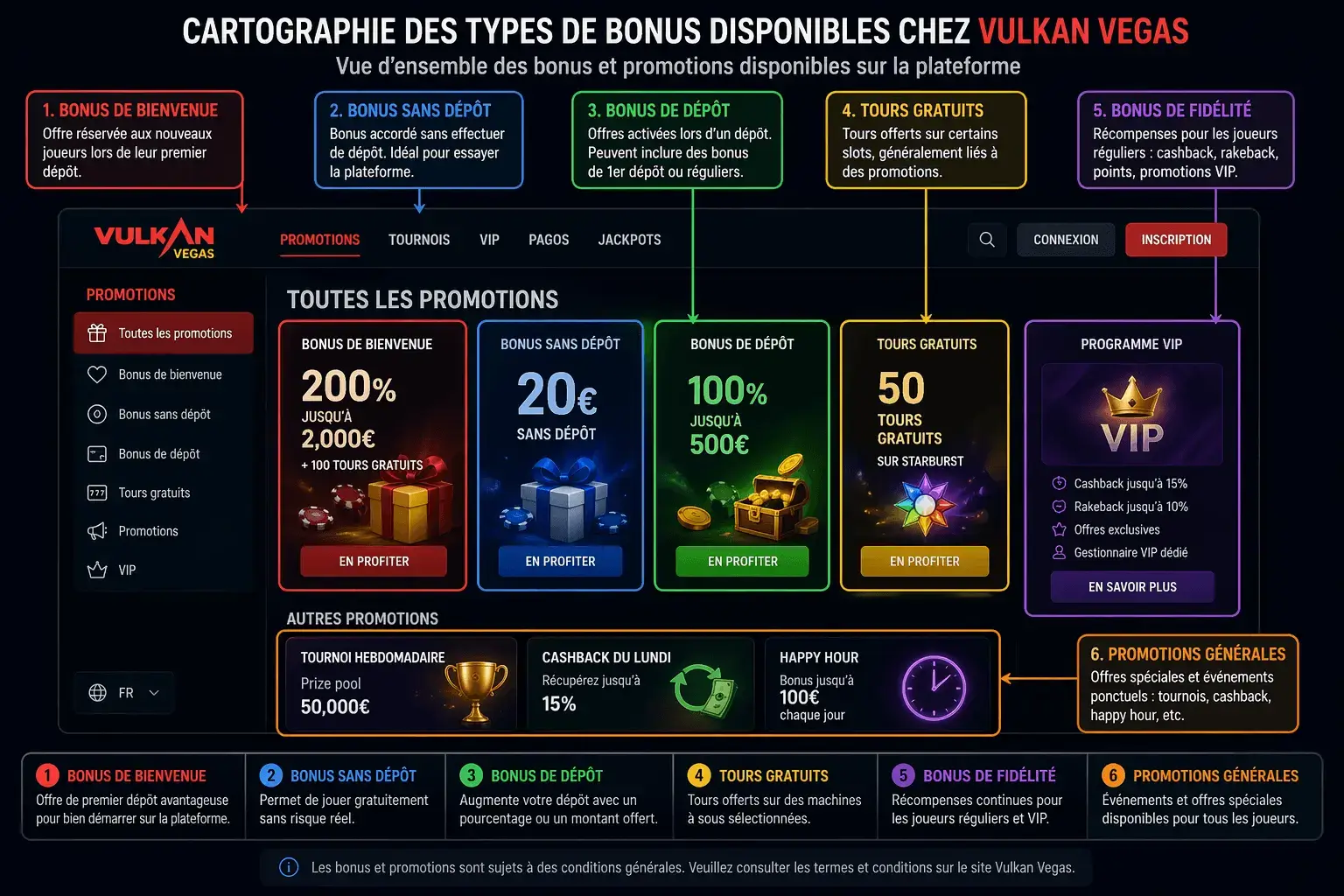 File name: vulkan-vegas-bonus-types-infographic-fr.png Alt text: Cartographie des types de bonus disponibles chez Vulkan Vegas avec annotations : bonus de bienvenue, bonus sans dépôt, bonus de dépôt, tours gratuits, programme VIP et promotions générales affichés sur l’interface du site.